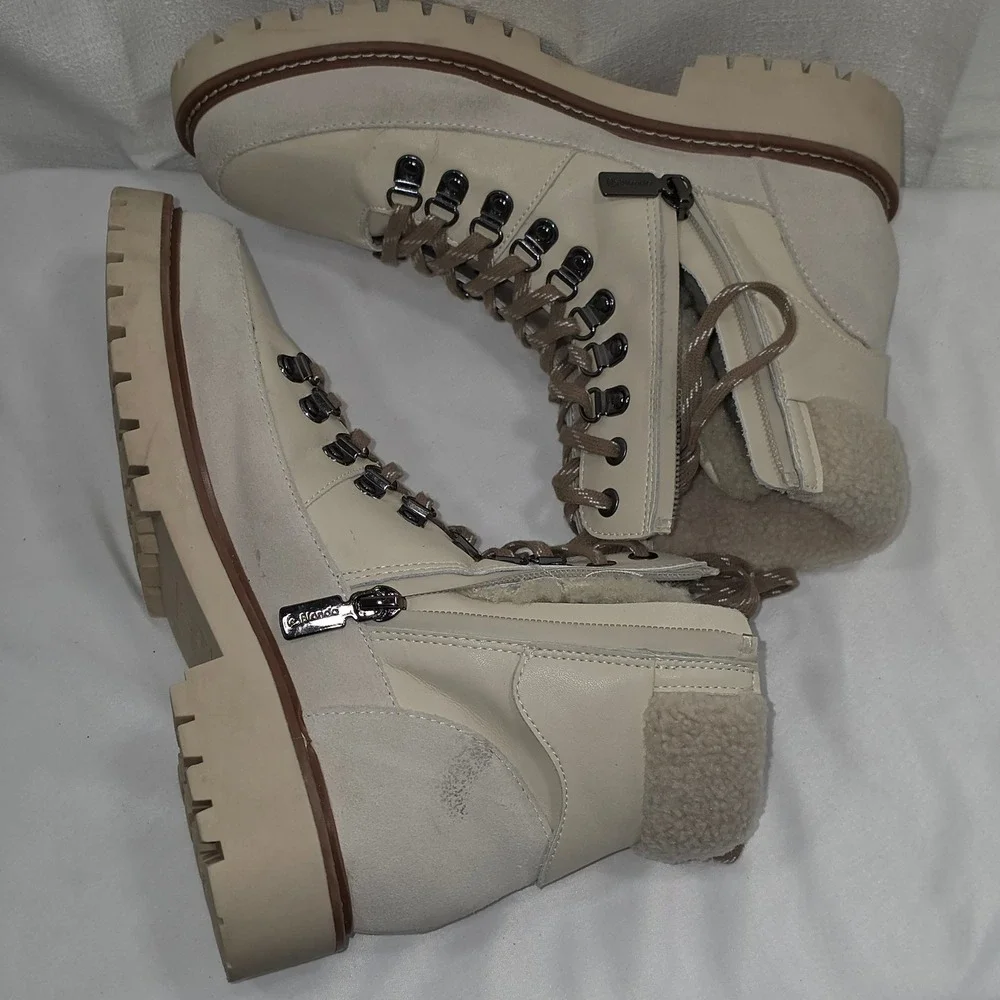 Blondo Natasia Waterproof Hiker Boots Cream Leather Faux Fur‎ Womens 6.5M